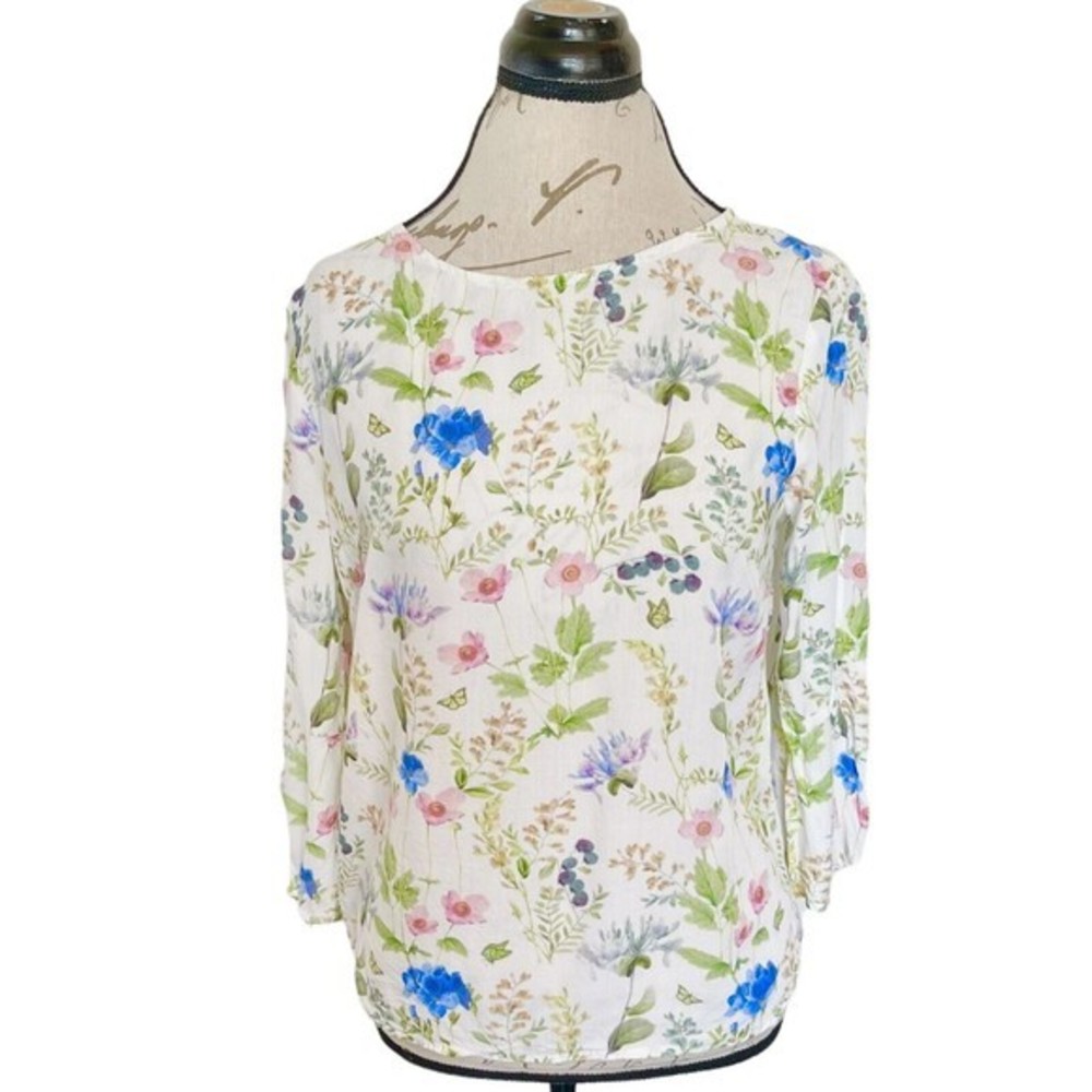 Reserved Womens Blouse Top Floral Botanical Colorful Slit Tied Open Casual